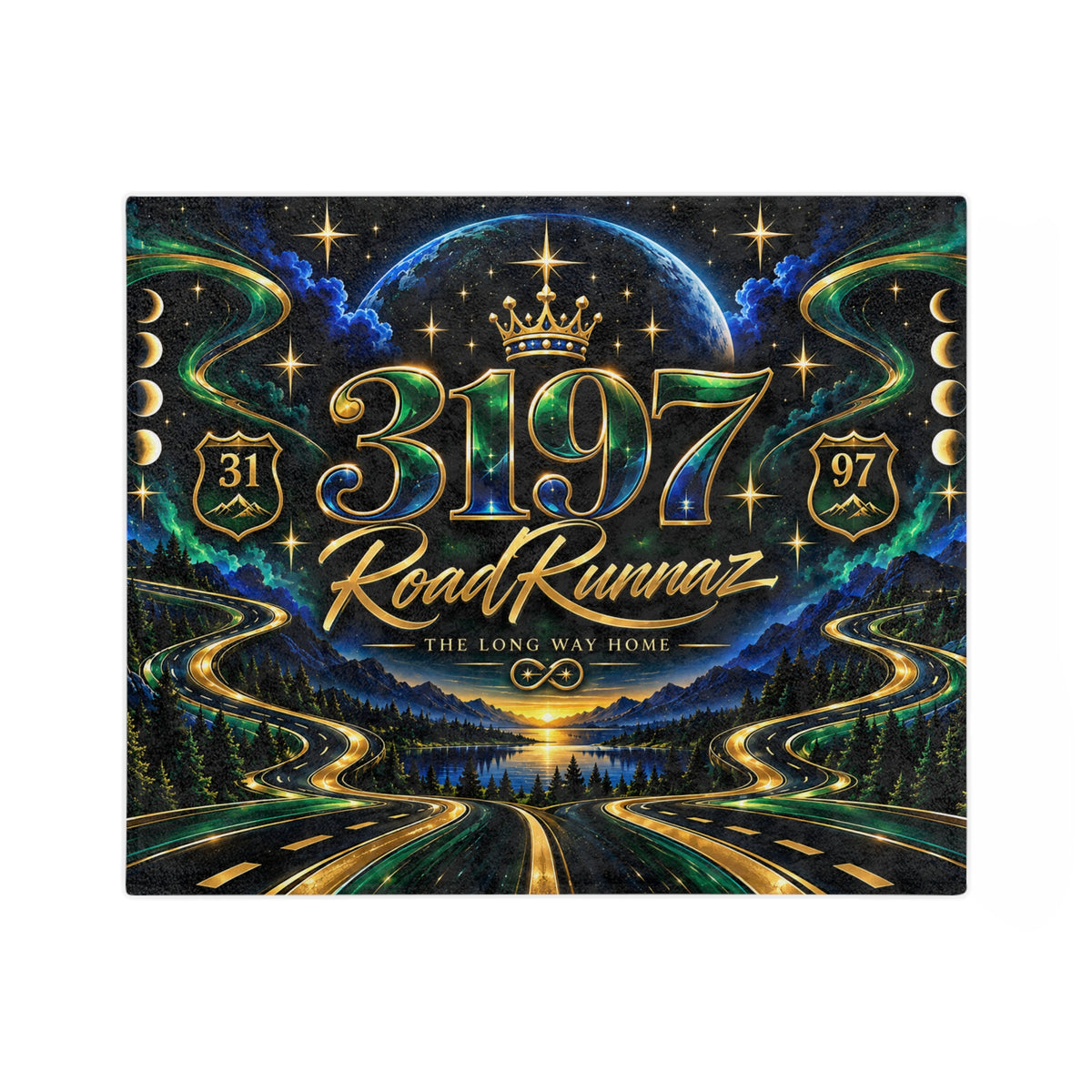 RoadRunnaz 3197 Velveteen Microfiber Blanket — Scenic Night Highway Throw with Gold Accents