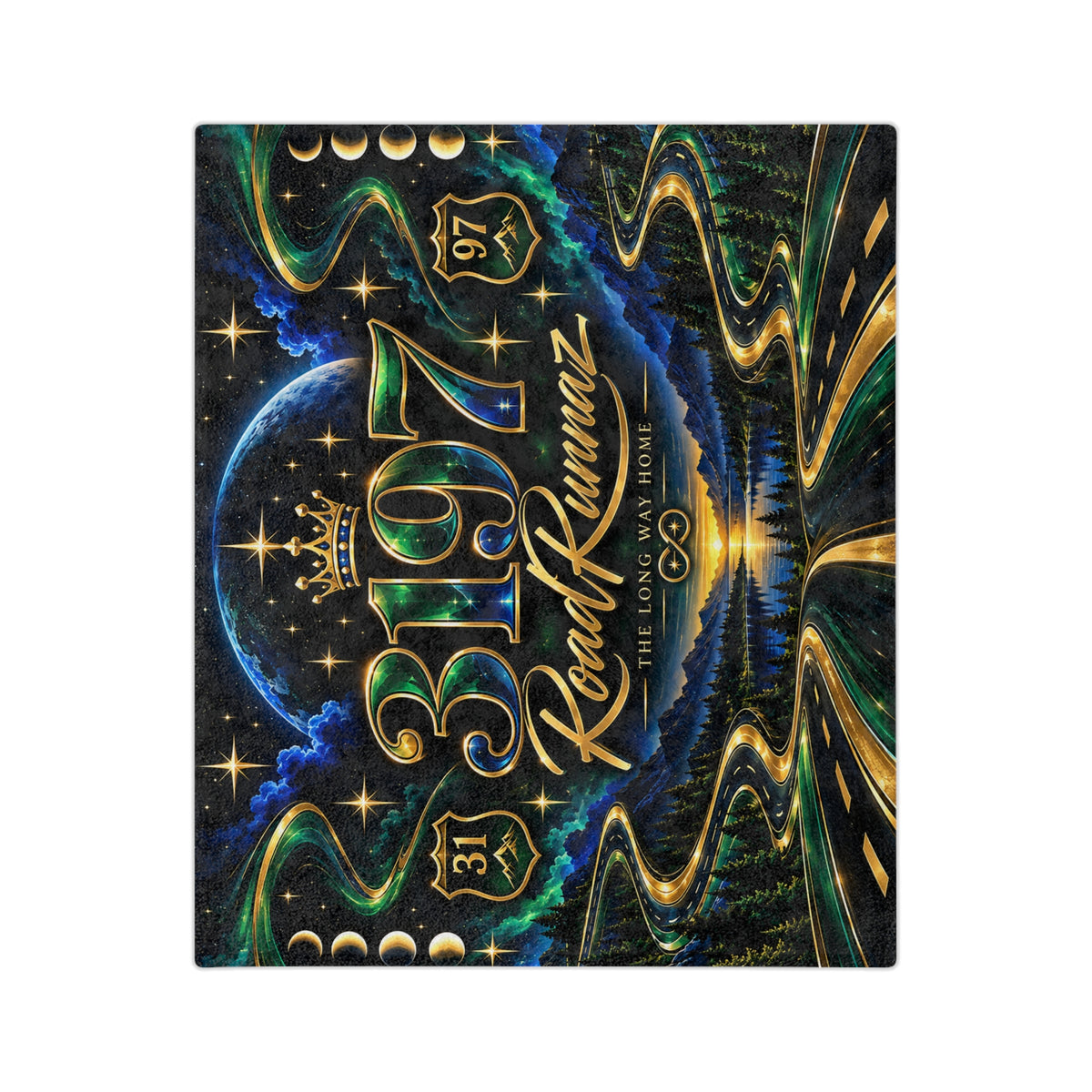 RoadRunnaz 3197 Velveteen Microfiber Blanket — Scenic Night Highway Throw with Gold Accents