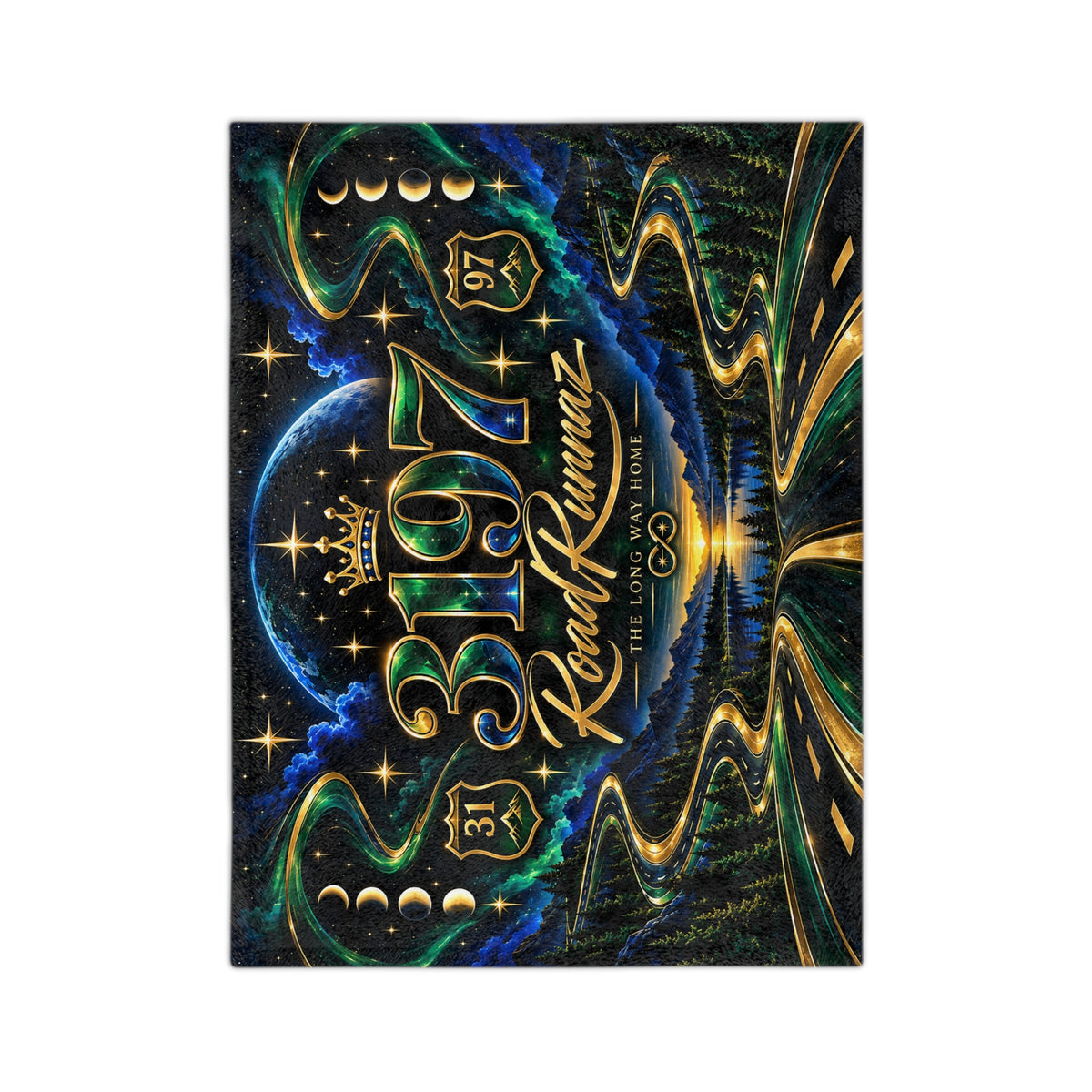 RoadRunnaz 3197 Velveteen Microfiber Blanket — Scenic Night Highway Throw with Gold Accents