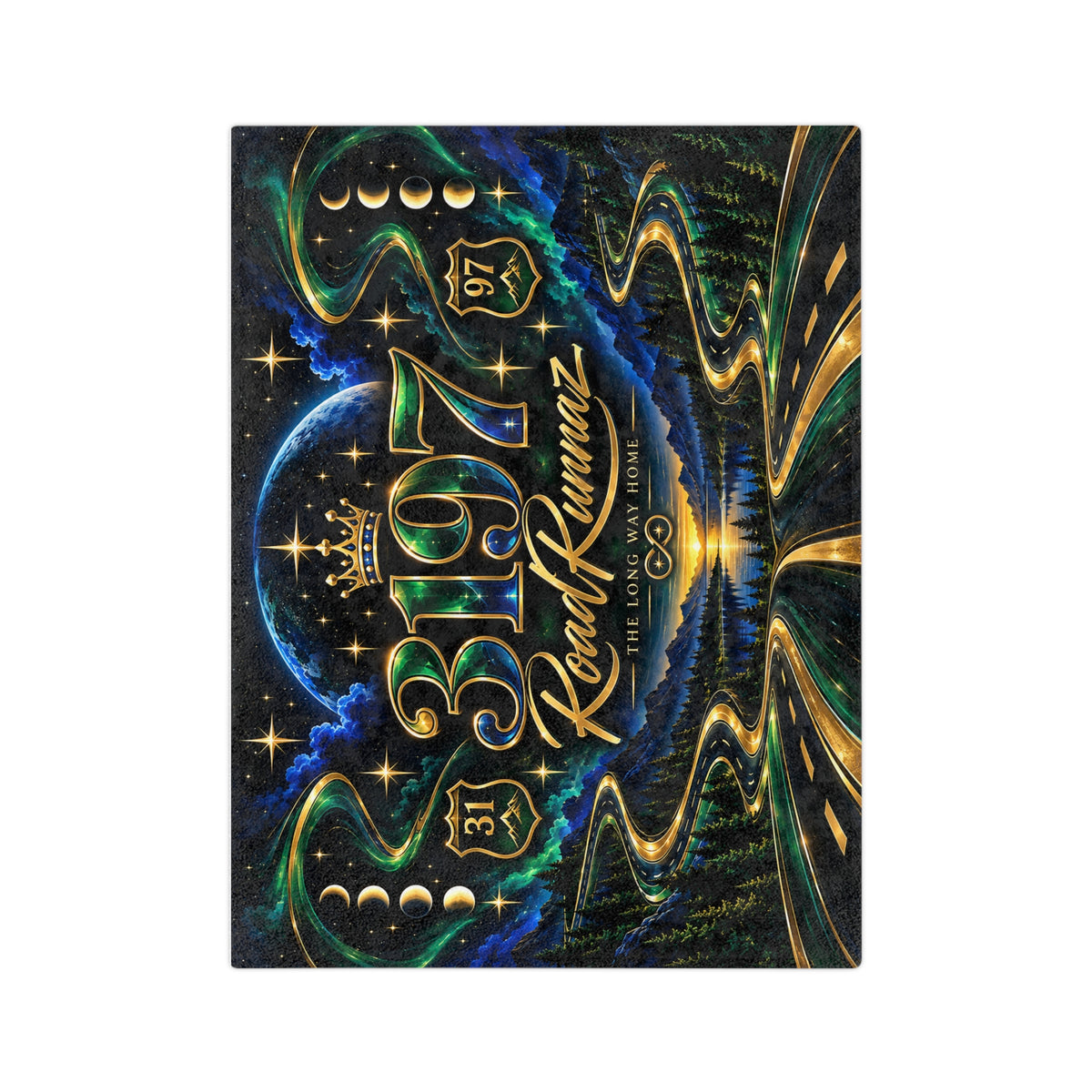 RoadRunnaz 3197 Velveteen Microfiber Blanket — Scenic Night Highway Throw with Gold Accents